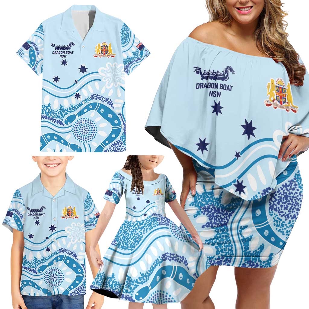 Personalised Australia New South Wales Dragons Boat Family Matching Off Shoulder Short Dress and Hawaiian Shirt Aussie Aboriginal Dot Style