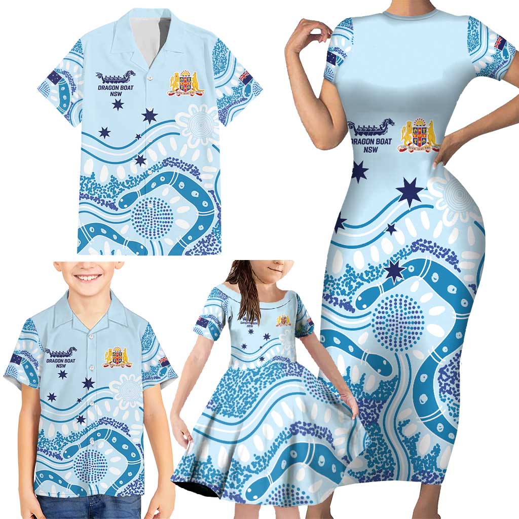 Personalised Australia New South Wales Dragons Boat Family Matching Short Sleeve Bodycon Dress and Hawaiian Shirt Aussie Aboriginal Dot Style