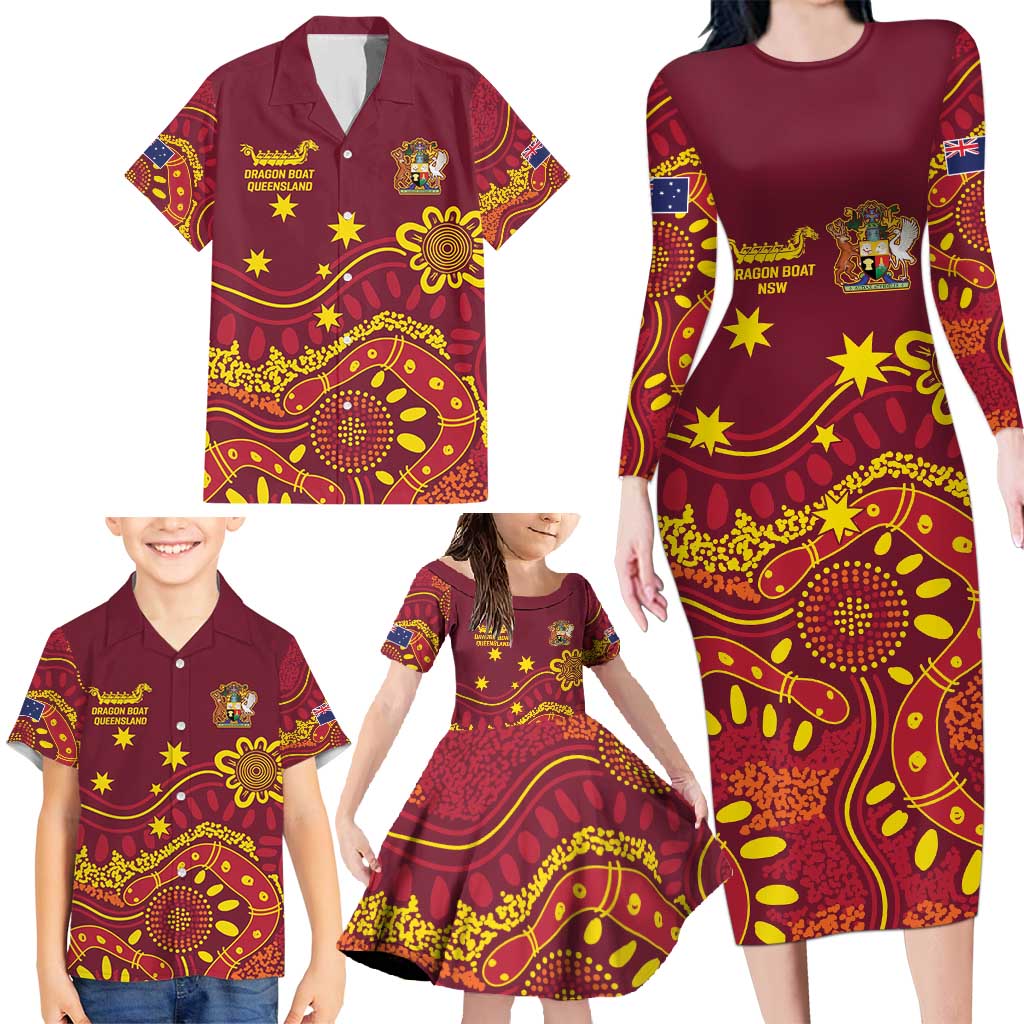 Personalised Australia Queensland Dragons Boat Family Matching Long Sleeve Bodycon Dress and Hawaiian Shirt Aussie Aboriginal Dot Style