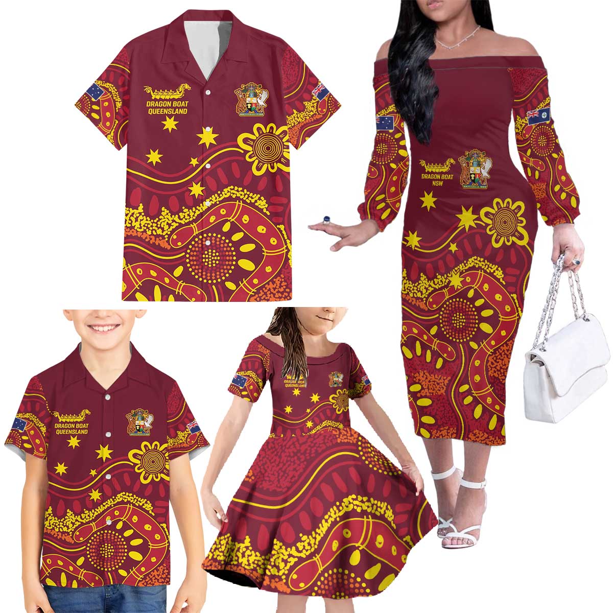 Personalised Australia Queensland Dragons Boat Family Matching Off The Shoulder Long Sleeve Dress and Hawaiian Shirt Aussie Aboriginal Dot Style