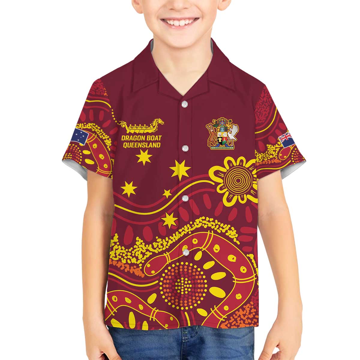 Personalised Australia Queensland Dragons Boat Family Matching Off The Shoulder Long Sleeve Dress and Hawaiian Shirt Aussie Aboriginal Dot Style