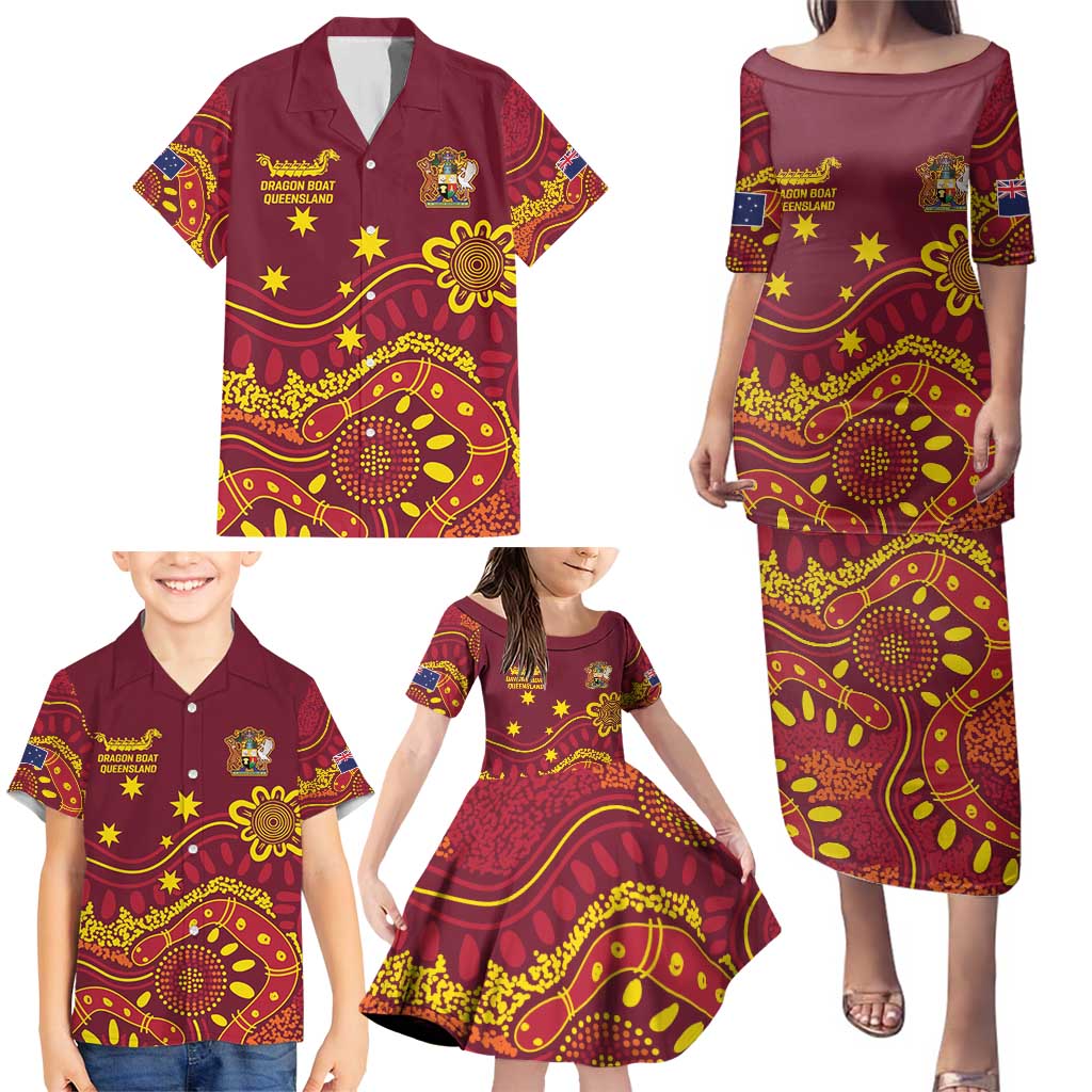 Personalised Australia Queensland Dragons Boat Family Matching Puletasi and Hawaiian Shirt Aussie Aboriginal Dot Style