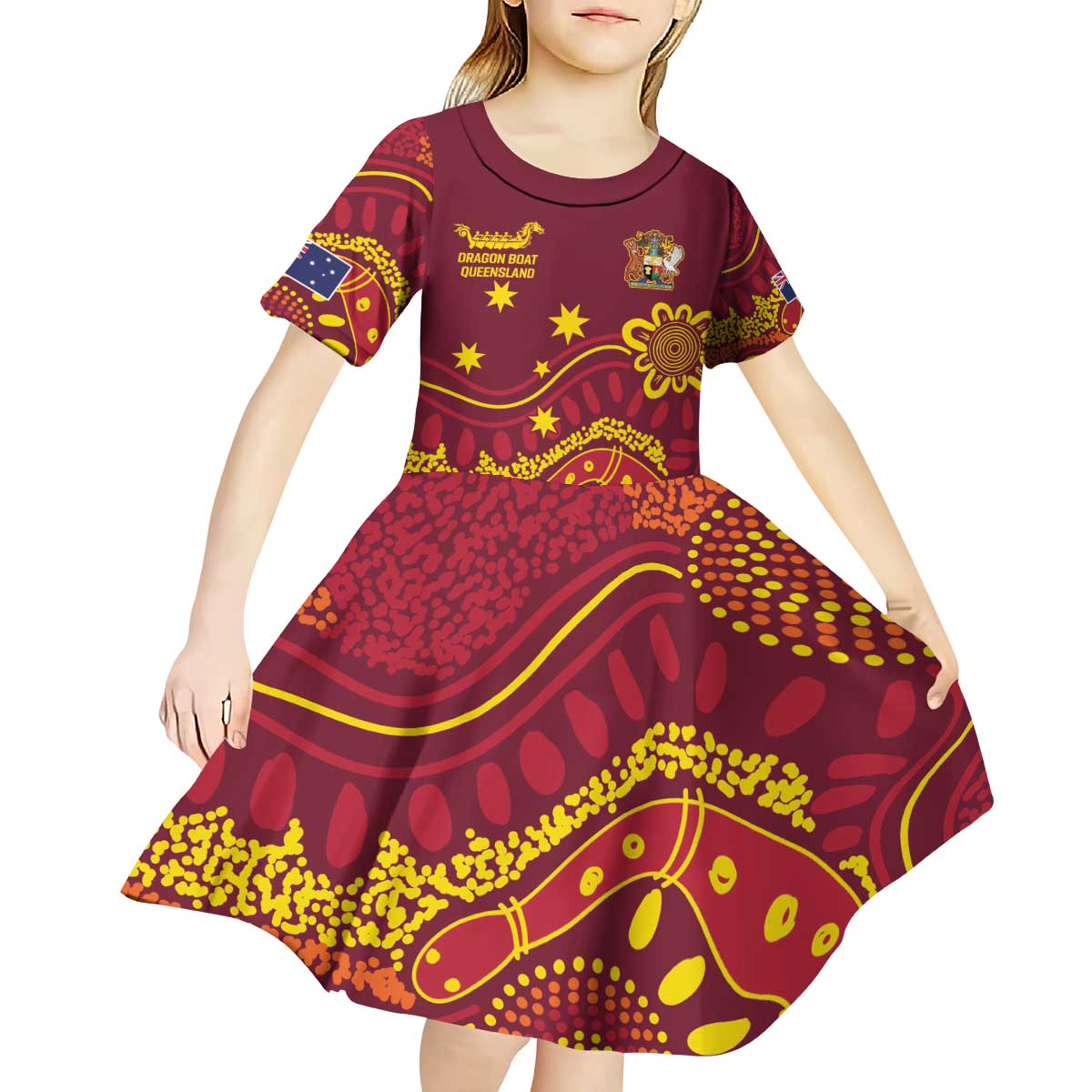 Personalised Australia Queensland Dragons Boat Kid Short Sleeve Dress Aussie Aboriginal Dot Style - Vibe Hoodie Shop