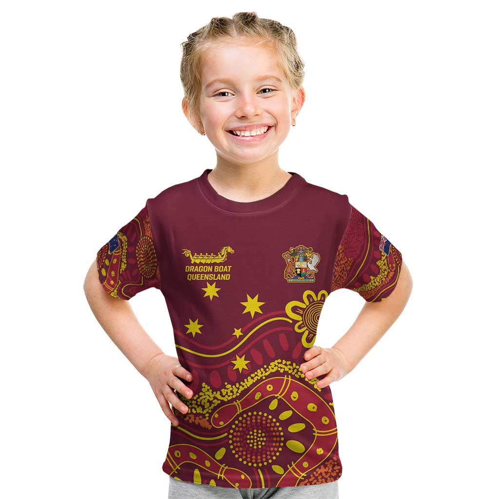 Personalised Australia Queensland Dragons Boat Kid T Shirt Aussie Aboriginal Dot Style - Vibe Hoodie Shop