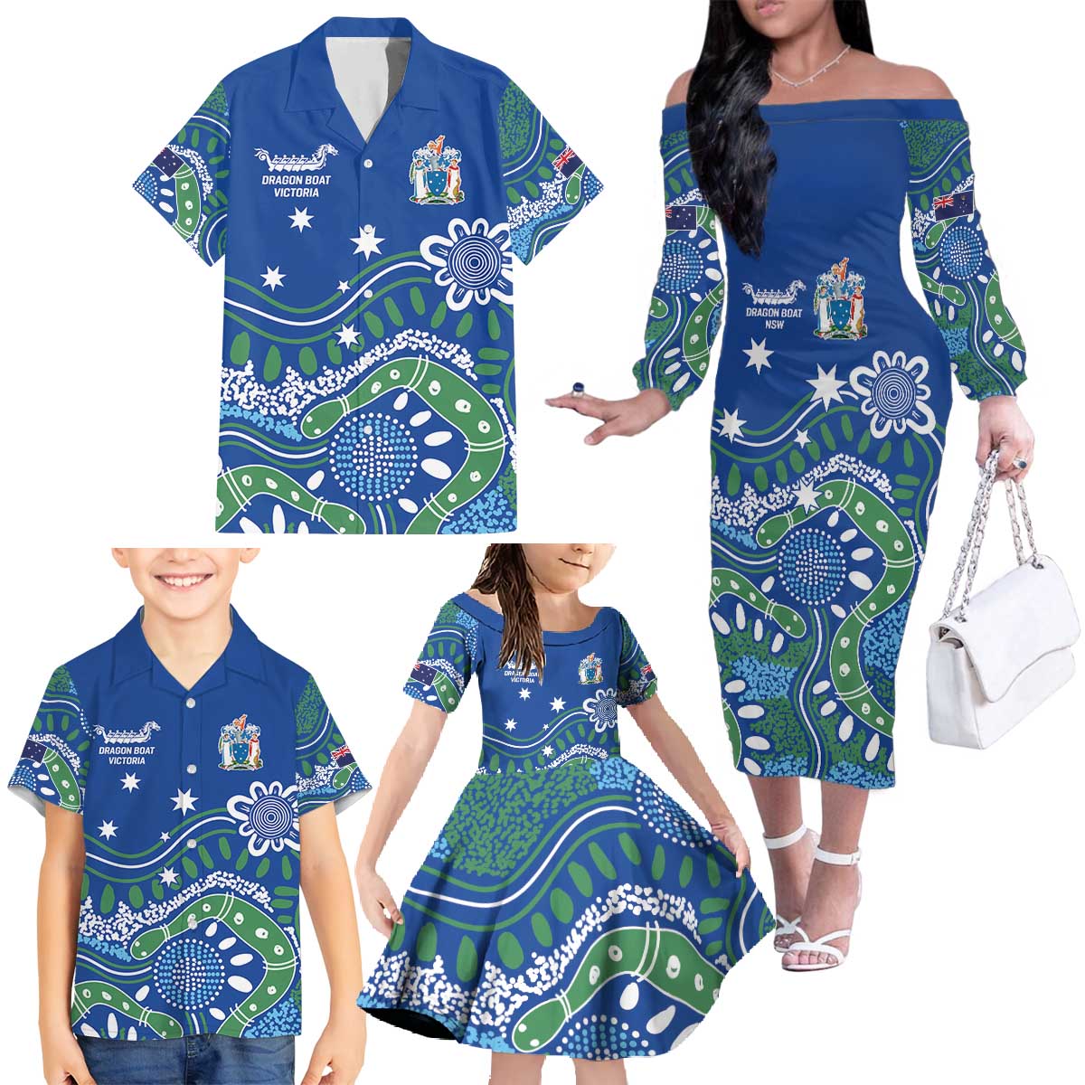 Personalised Australia Victoria Dragons Boat Family Matching Off The Shoulder Long Sleeve Dress and Hawaiian Shirt Aussie Aboriginal Dot Style