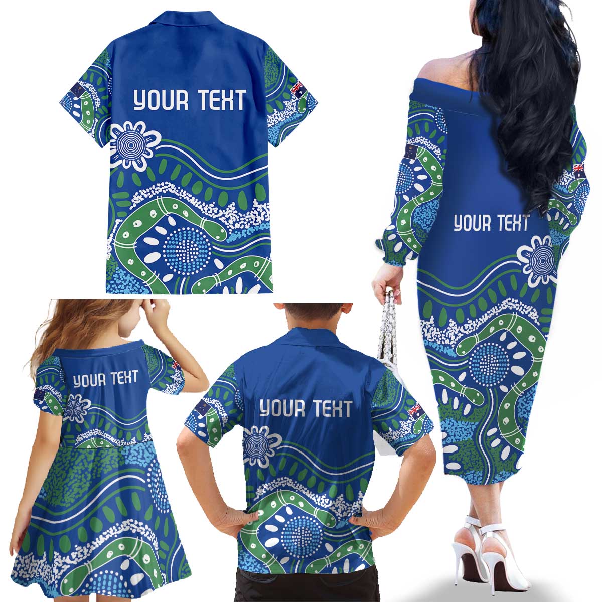 Personalised Australia Victoria Dragons Boat Family Matching Off The Shoulder Long Sleeve Dress and Hawaiian Shirt Aussie Aboriginal Dot Style