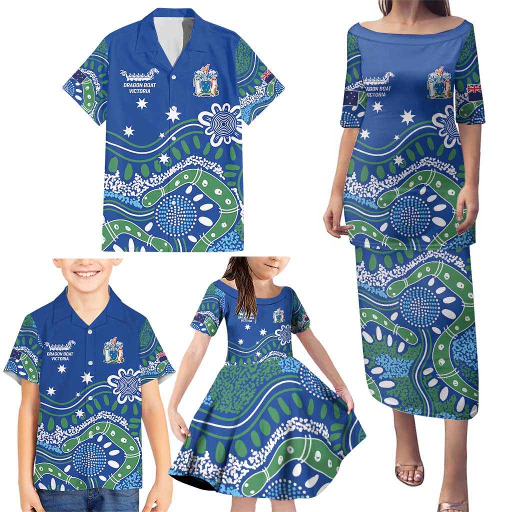 Personalised Australia Victoria Dragons Boat Family Matching Puletasi and Hawaiian Shirt Aussie Aboriginal Dot Style