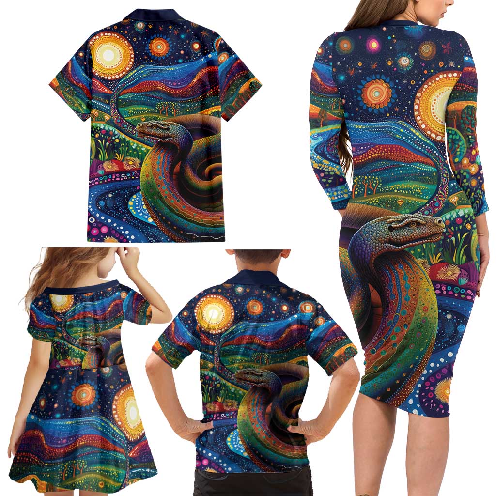 Aboriginal Dreamtime Rainbow Serpent Family Matching Long Sleeve Bodycon Dress and Hawaiian Shirt