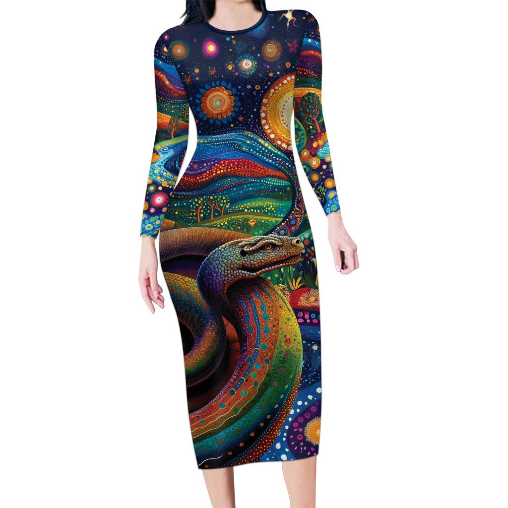 Aboriginal Dreamtime Rainbow Serpent Family Matching Long Sleeve Bodycon Dress and Hawaiian Shirt