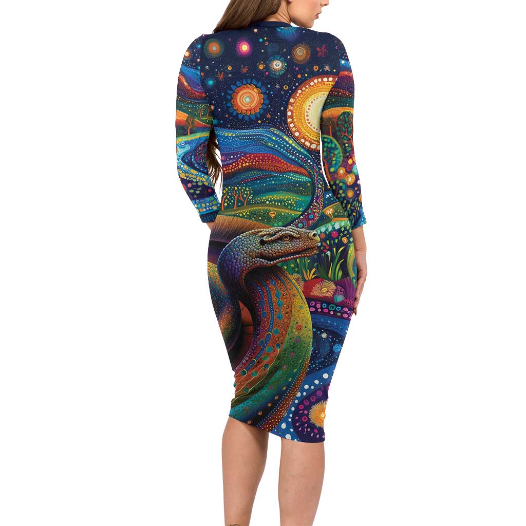 Aboriginal Dreamtime Rainbow Serpent Family Matching Long Sleeve Bodycon Dress and Hawaiian Shirt