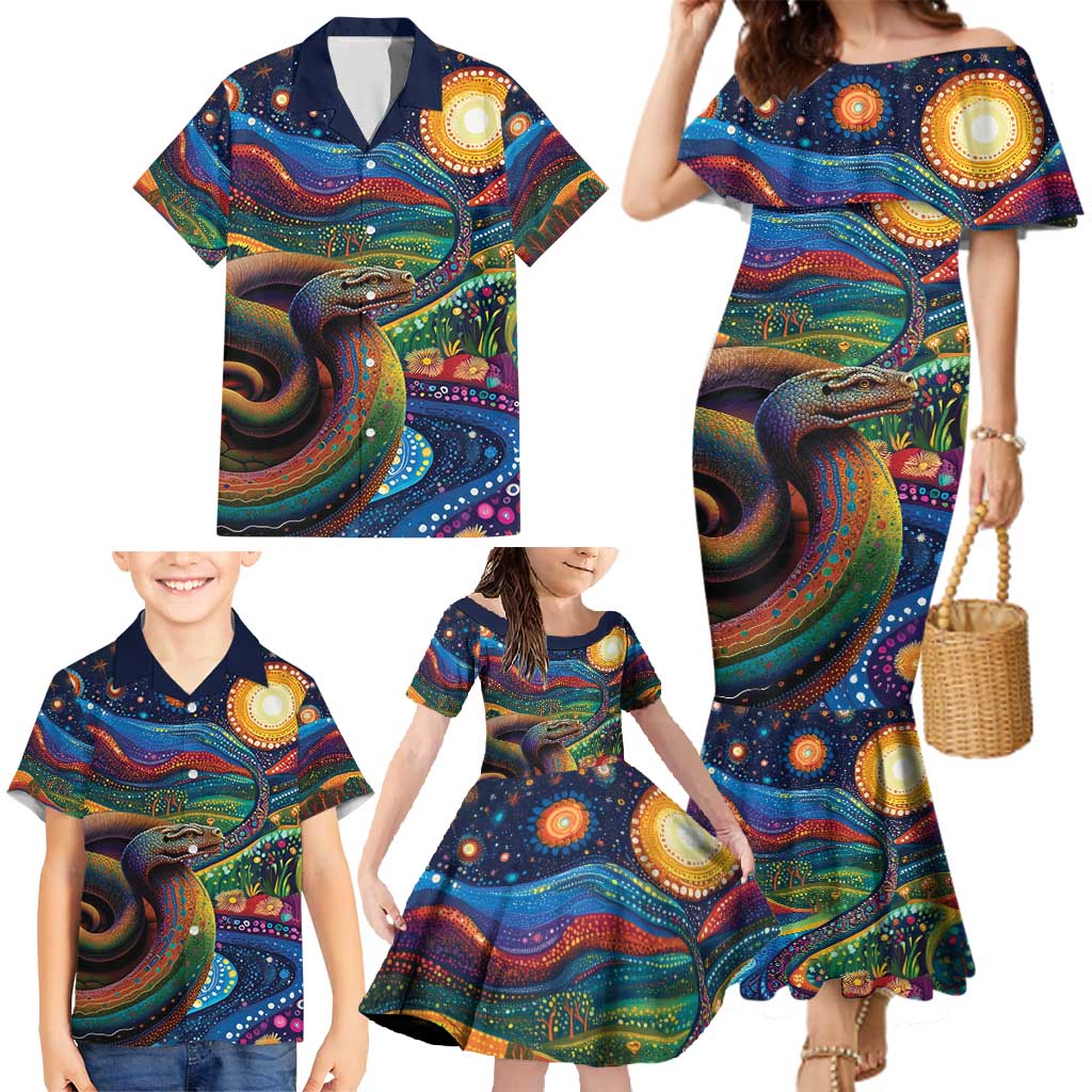 Aboriginal Dreamtime Rainbow Serpent Family Matching Mermaid Dress and Hawaiian Shirt