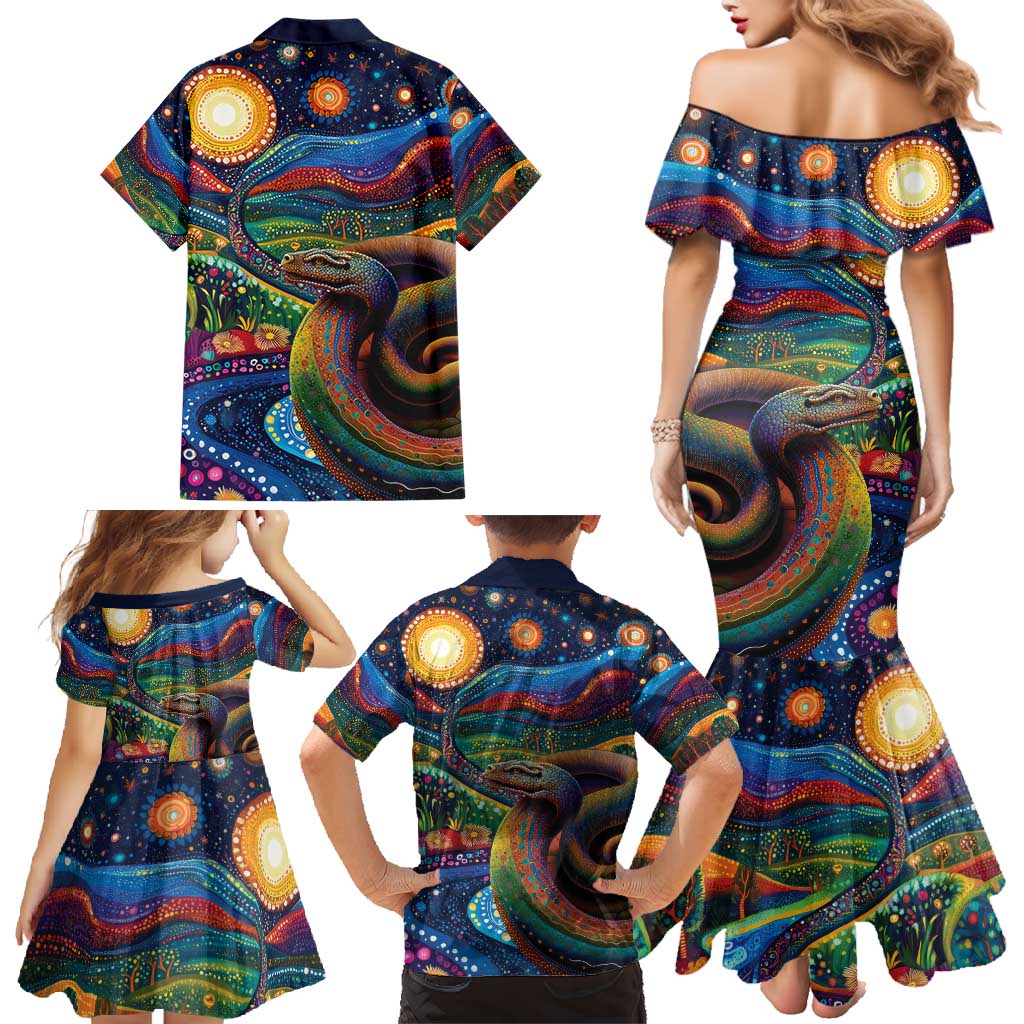 Aboriginal Dreamtime Rainbow Serpent Family Matching Mermaid Dress and Hawaiian Shirt