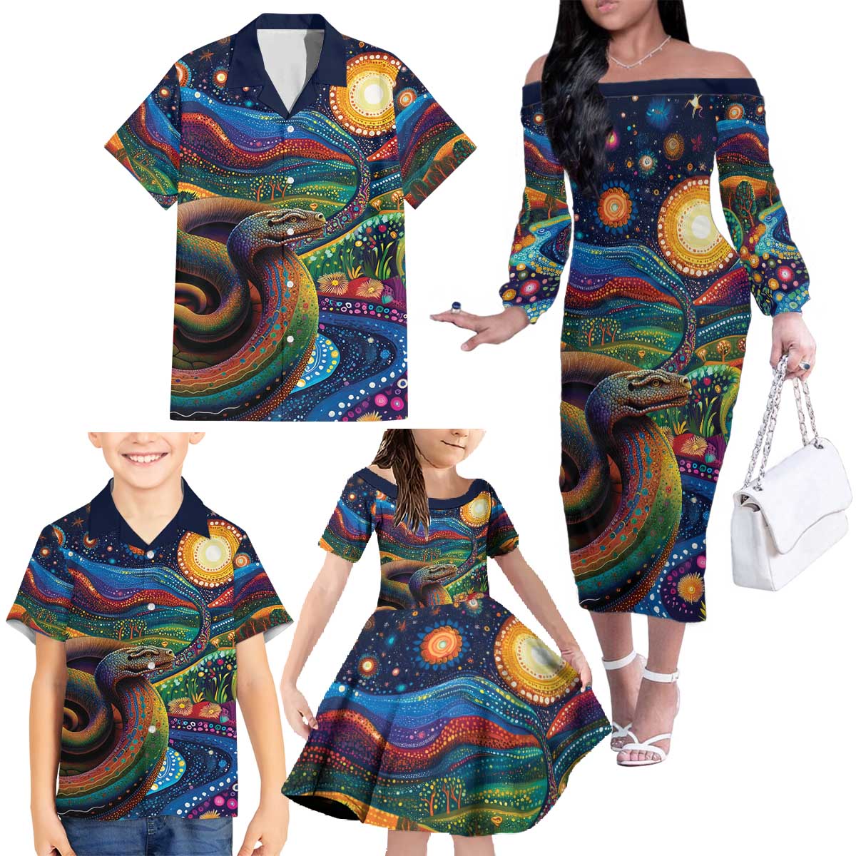 Aboriginal Dreamtime Rainbow Serpent Family Matching Off The Shoulder Long Sleeve Dress and Hawaiian Shirt