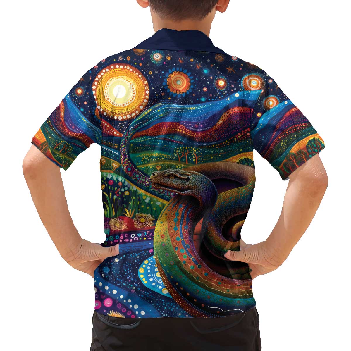 Aboriginal Dreamtime Rainbow Serpent Family Matching Off The Shoulder Long Sleeve Dress and Hawaiian Shirt