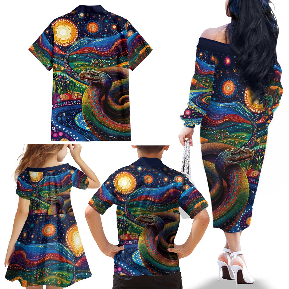 Aboriginal Dreamtime Rainbow Serpent Family Matching Off The Shoulder Long Sleeve Dress and Hawaiian Shirt