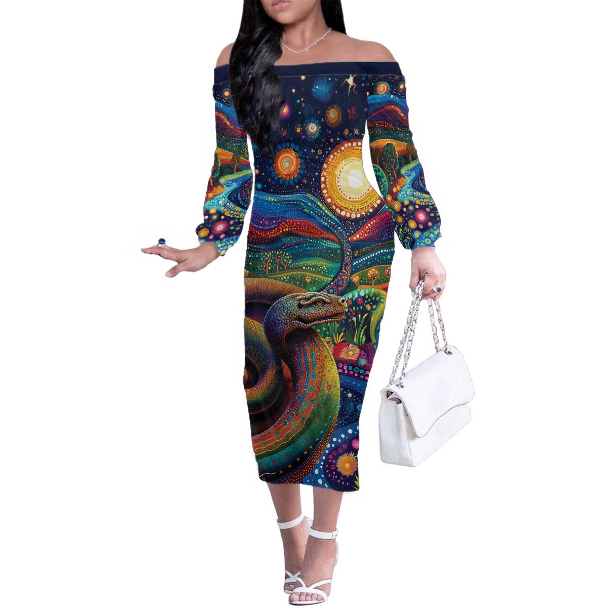 Aboriginal Dreamtime Rainbow Serpent Family Matching Off The Shoulder Long Sleeve Dress and Hawaiian Shirt