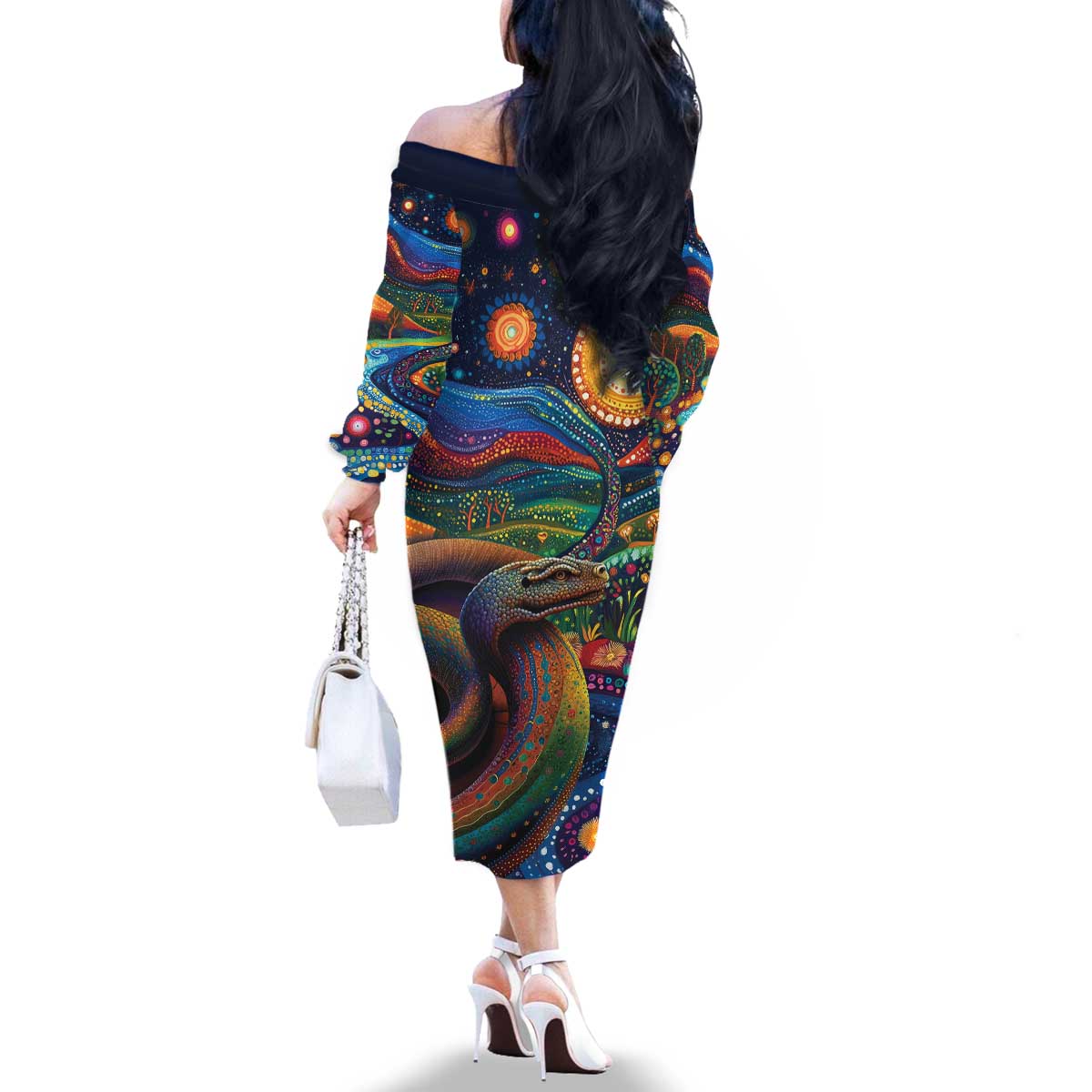 Aboriginal Dreamtime Rainbow Serpent Family Matching Off The Shoulder Long Sleeve Dress and Hawaiian Shirt