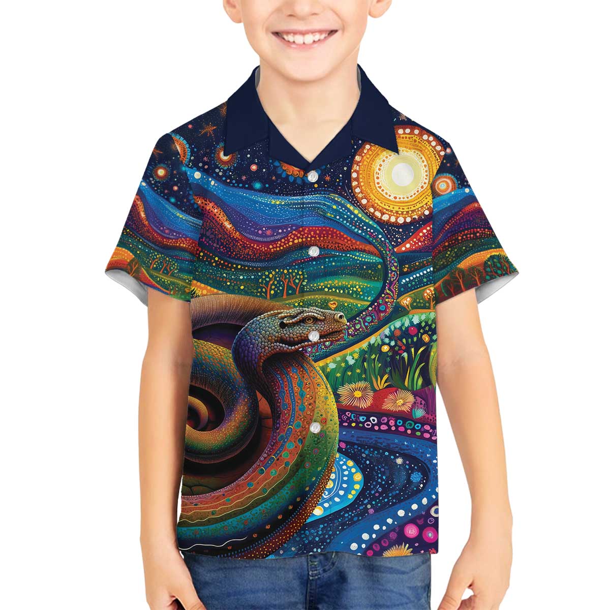 Aboriginal Dreamtime Rainbow Serpent Family Matching Off The Shoulder Long Sleeve Dress and Hawaiian Shirt