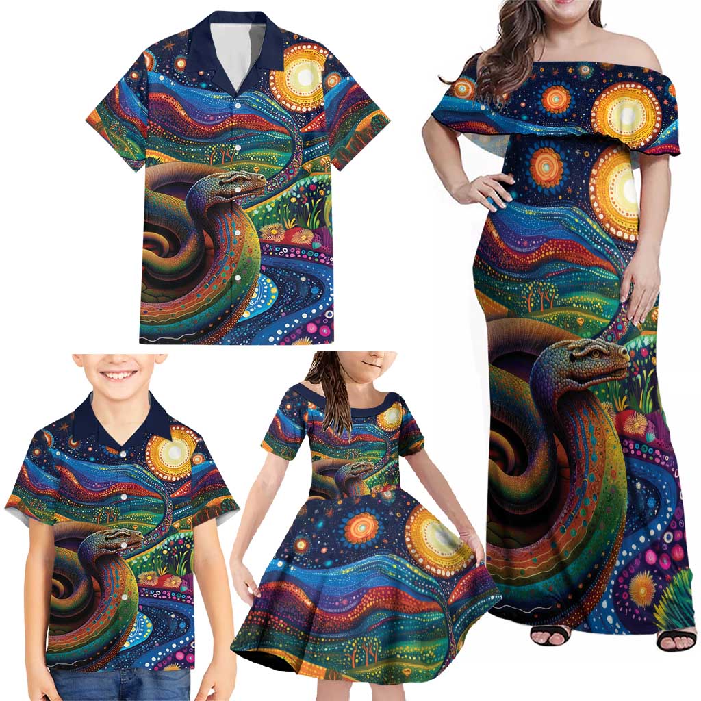 Aboriginal Dreamtime Rainbow Serpent Family Matching Off Shoulder Maxi Dress and Hawaiian Shirt