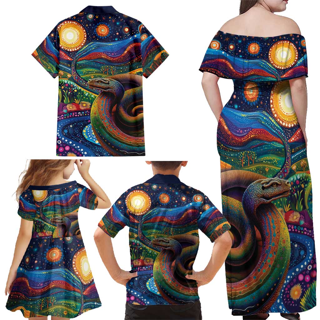 Aboriginal Dreamtime Rainbow Serpent Family Matching Off Shoulder Maxi Dress and Hawaiian Shirt