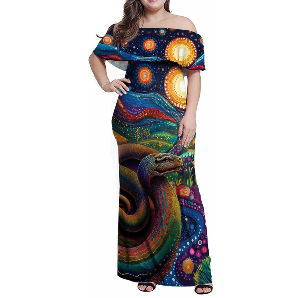 Aboriginal Dreamtime Rainbow Serpent Family Matching Off Shoulder Maxi Dress and Hawaiian Shirt