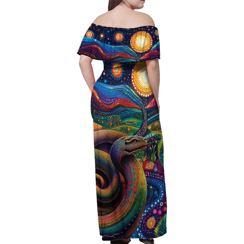 Aboriginal Dreamtime Rainbow Serpent Family Matching Off Shoulder Maxi Dress and Hawaiian Shirt