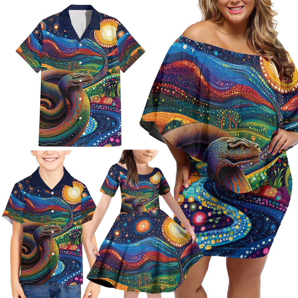 Aboriginal Dreamtime Rainbow Serpent Family Matching Off Shoulder Short Dress and Hawaiian Shirt