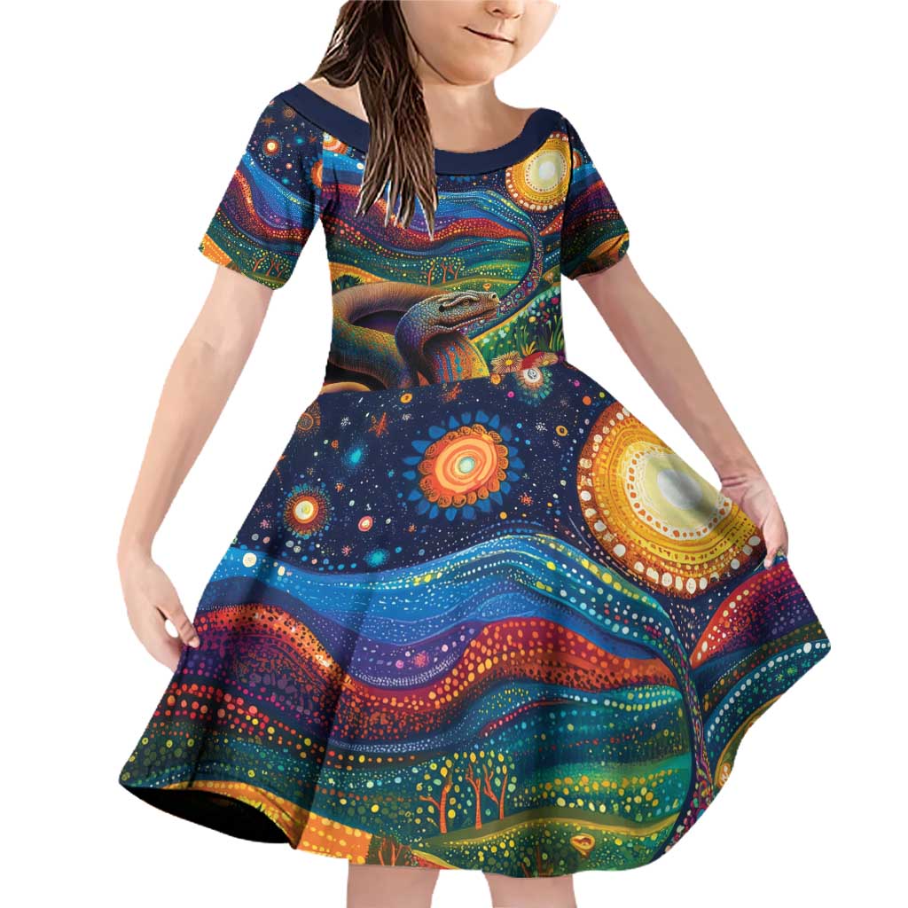 Aboriginal Dreamtime Rainbow Serpent Family Matching Off Shoulder Short Dress and Hawaiian Shirt