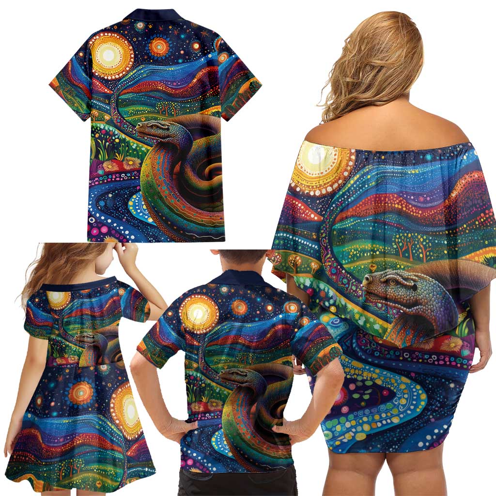 Aboriginal Dreamtime Rainbow Serpent Family Matching Off Shoulder Short Dress and Hawaiian Shirt