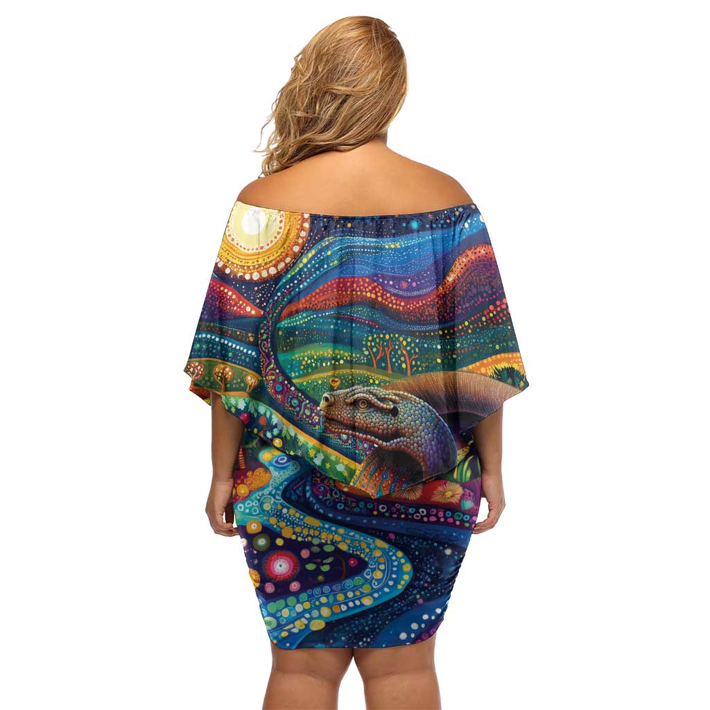 Aboriginal Dreamtime Rainbow Serpent Family Matching Off Shoulder Short Dress and Hawaiian Shirt