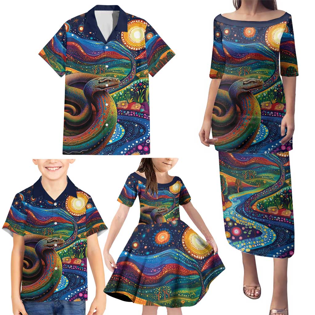 Aboriginal Dreamtime Rainbow Serpent Family Matching Puletasi and Hawaiian Shirt