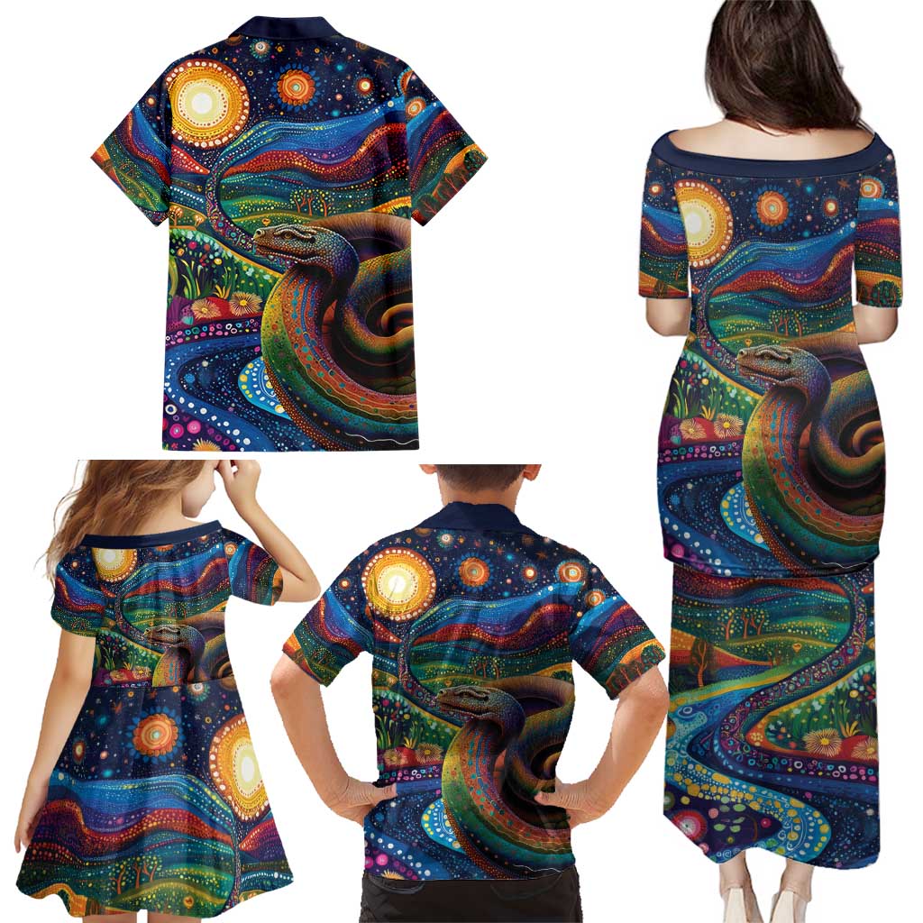 Aboriginal Dreamtime Rainbow Serpent Family Matching Puletasi and Hawaiian Shirt