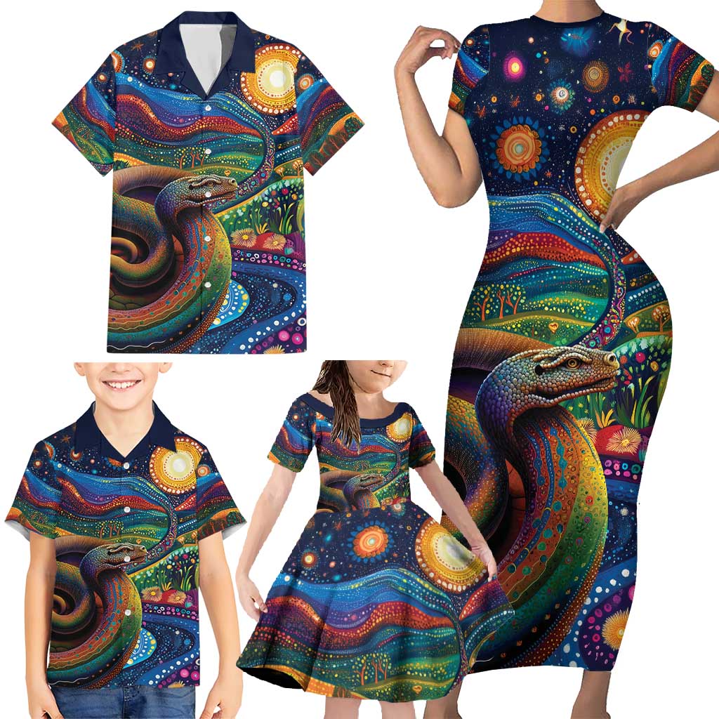 Aboriginal Dreamtime Rainbow Serpent Family Matching Short Sleeve Bodycon Dress and Hawaiian Shirt