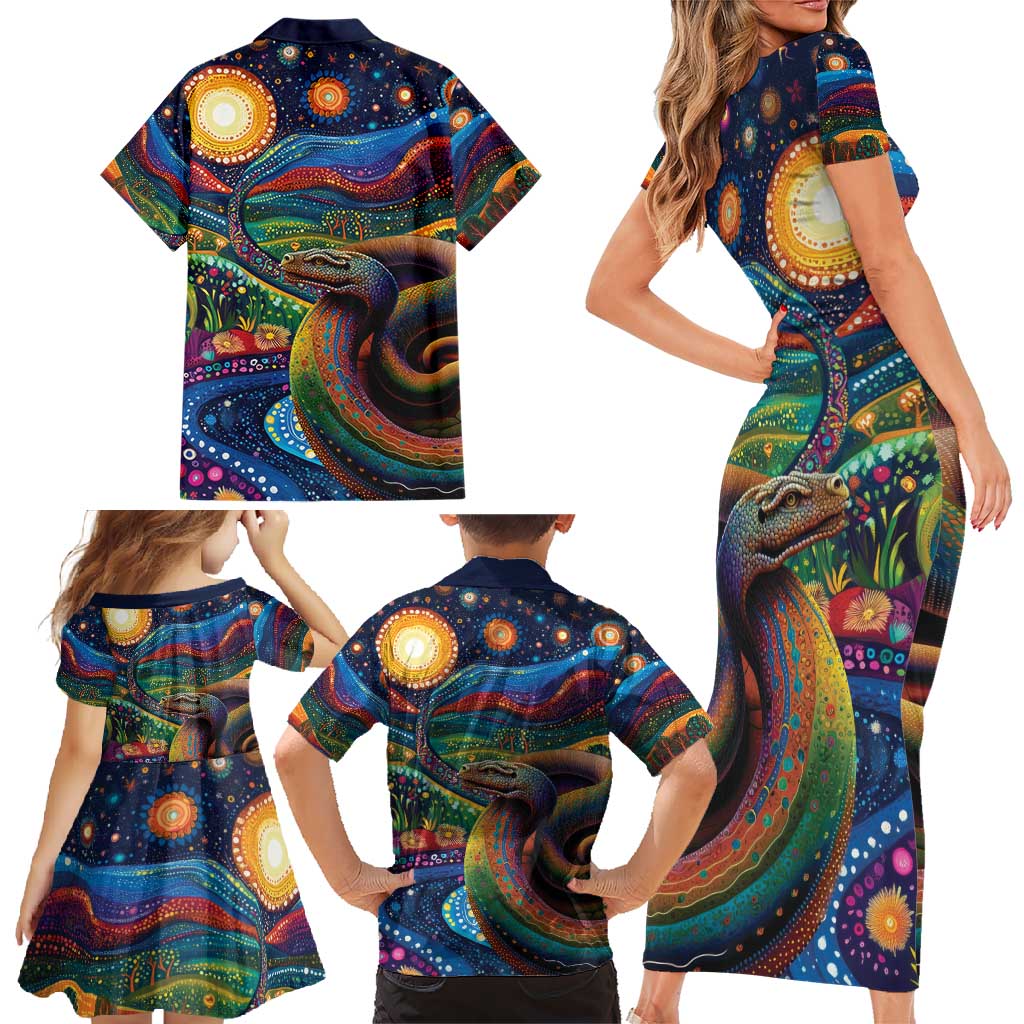 Aboriginal Dreamtime Rainbow Serpent Family Matching Short Sleeve Bodycon Dress and Hawaiian Shirt