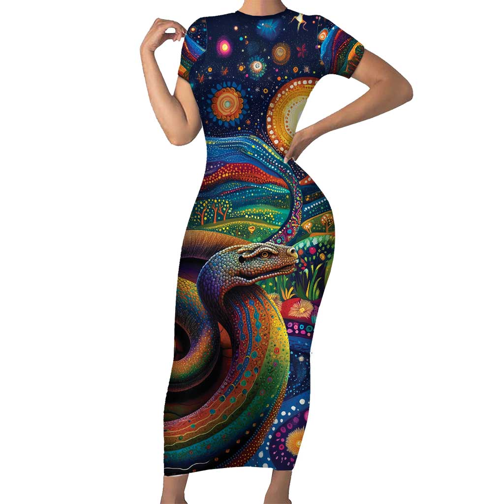 Aboriginal Dreamtime Rainbow Serpent Family Matching Short Sleeve Bodycon Dress and Hawaiian Shirt