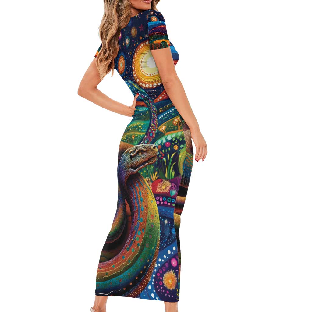 Aboriginal Dreamtime Rainbow Serpent Family Matching Short Sleeve Bodycon Dress and Hawaiian Shirt