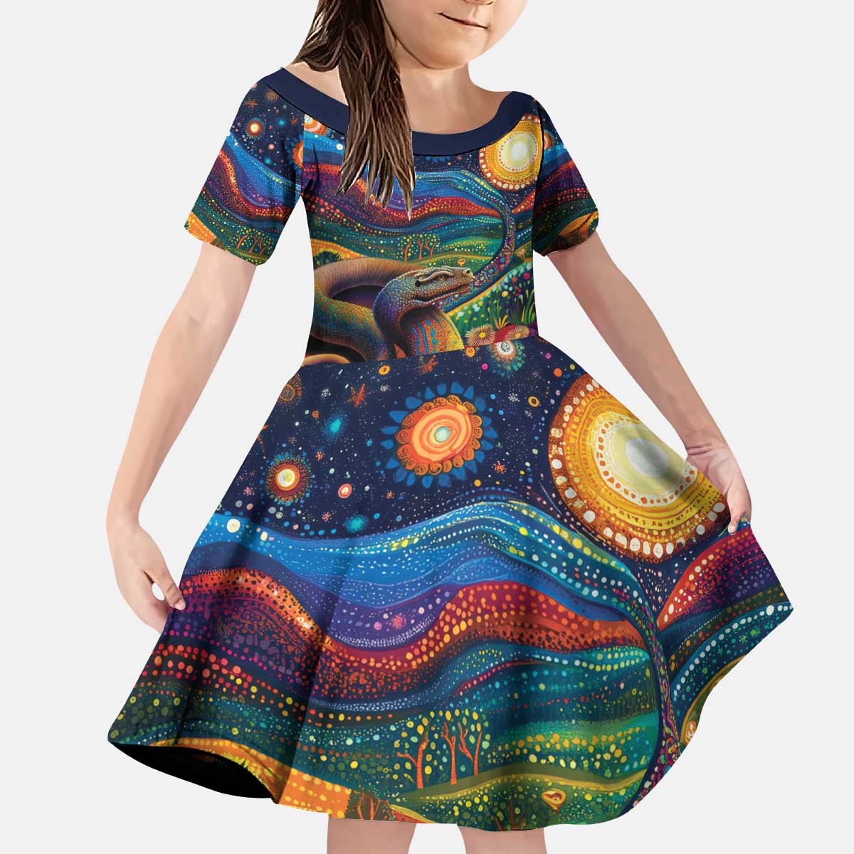 Aboriginal Dreamtime Rainbow Serpent Kid Short Sleeve Dress - Vibe Hoodie Shop