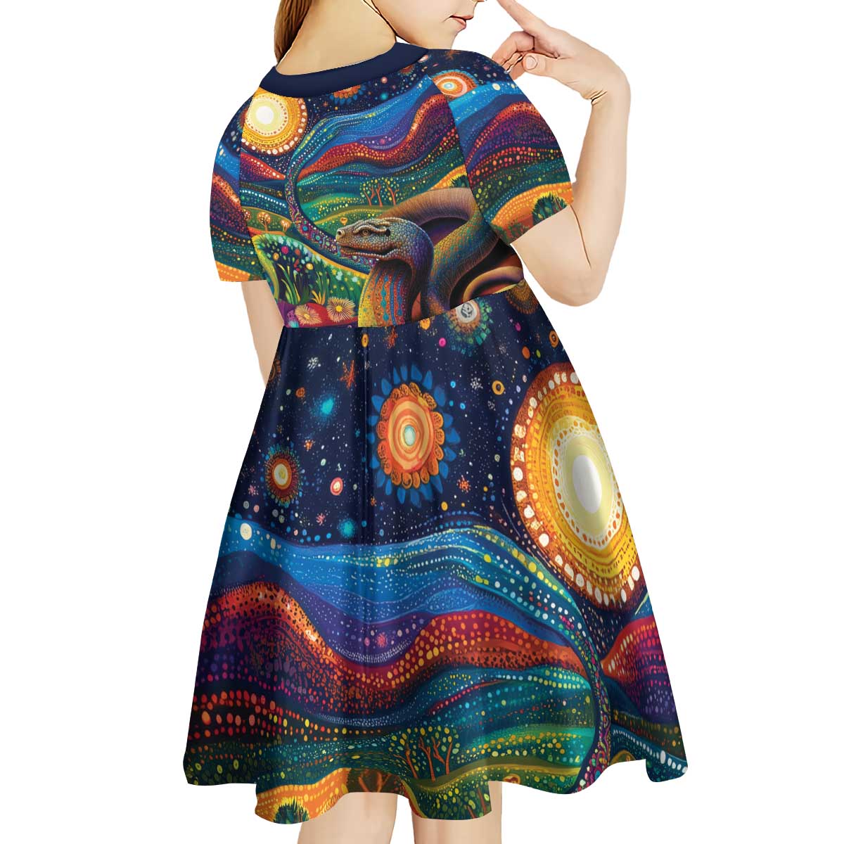 Aboriginal Dreamtime Rainbow Serpent Kid Short Sleeve Dress - Vibe Hoodie Shop