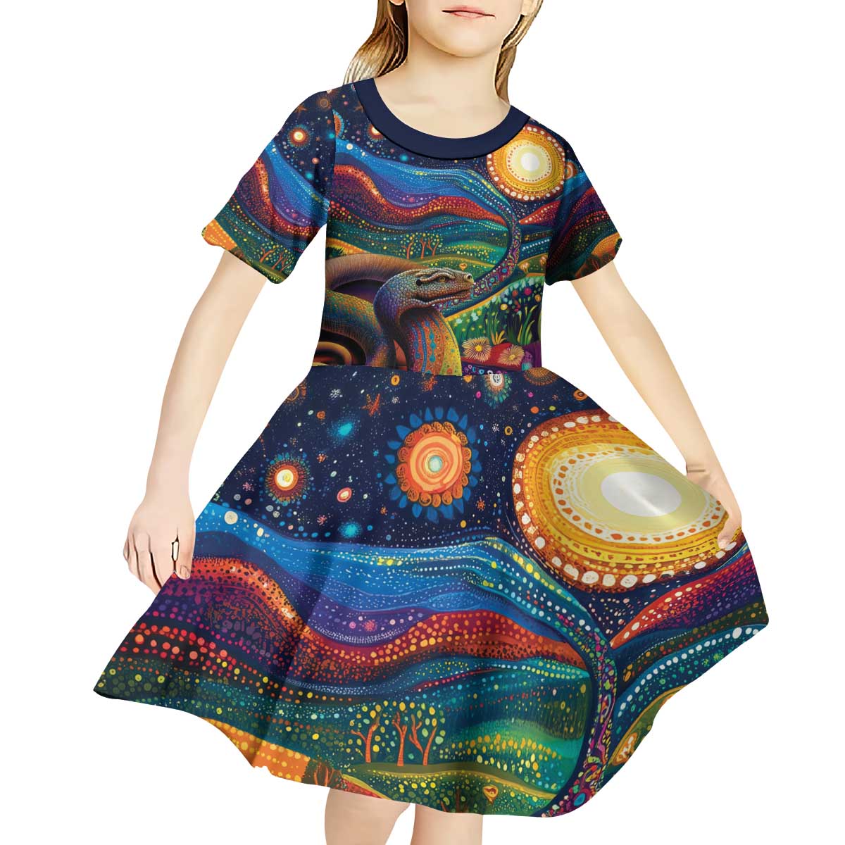 Aboriginal Dreamtime Rainbow Serpent Kid Short Sleeve Dress - Vibe Hoodie Shop