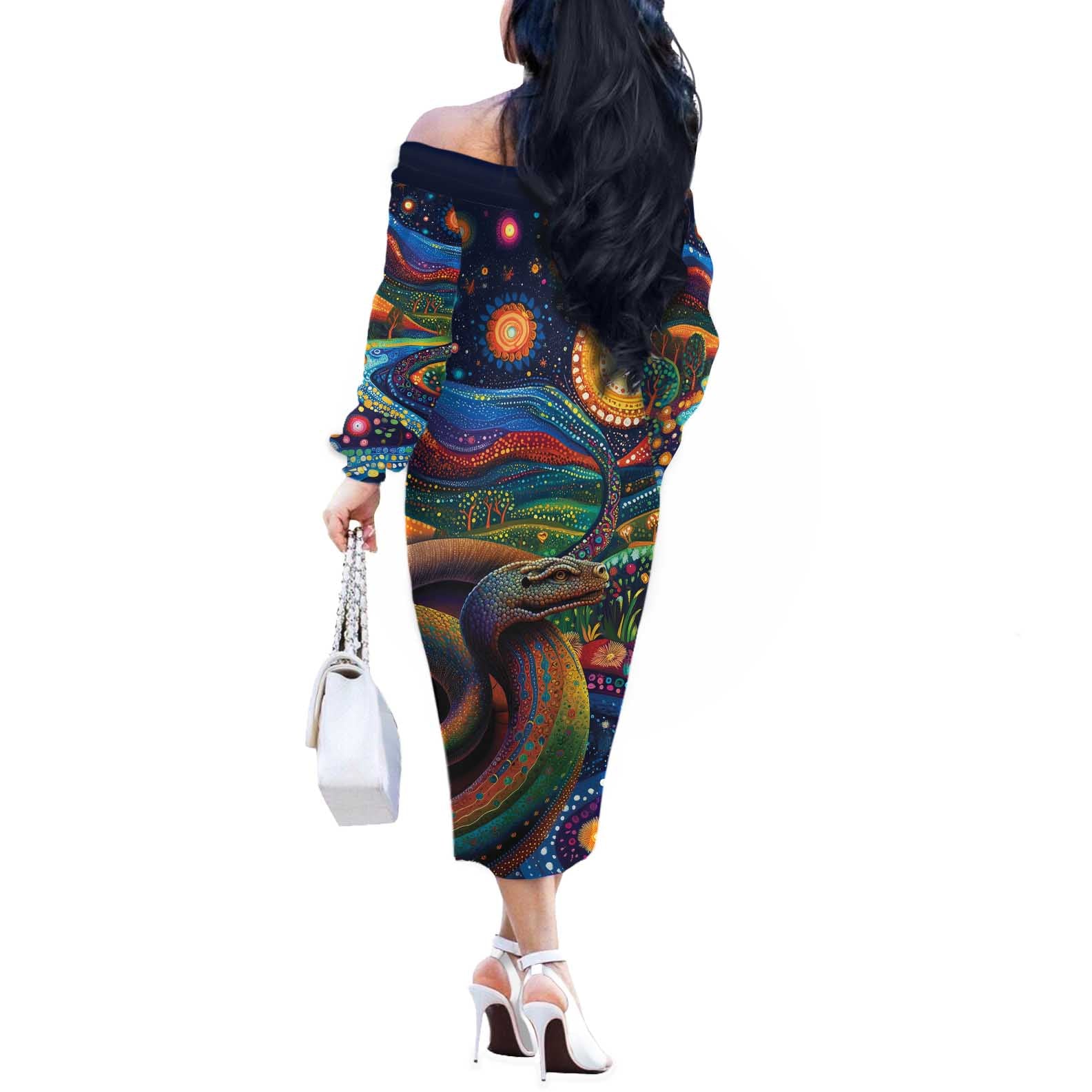 Aboriginal Dreamtime Rainbow Serpent Off The Shoulder Long Sleeve Dress