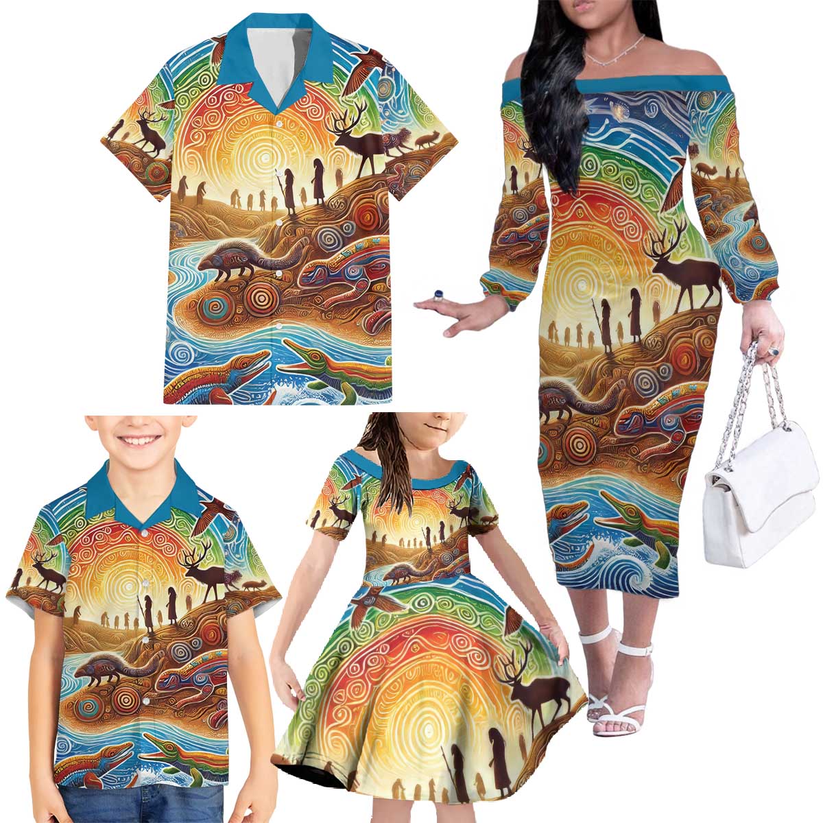 Aboriginal Dreamtime Animals Stories Family Matching Off The Shoulder Long Sleeve Dress and Hawaiian Shirt