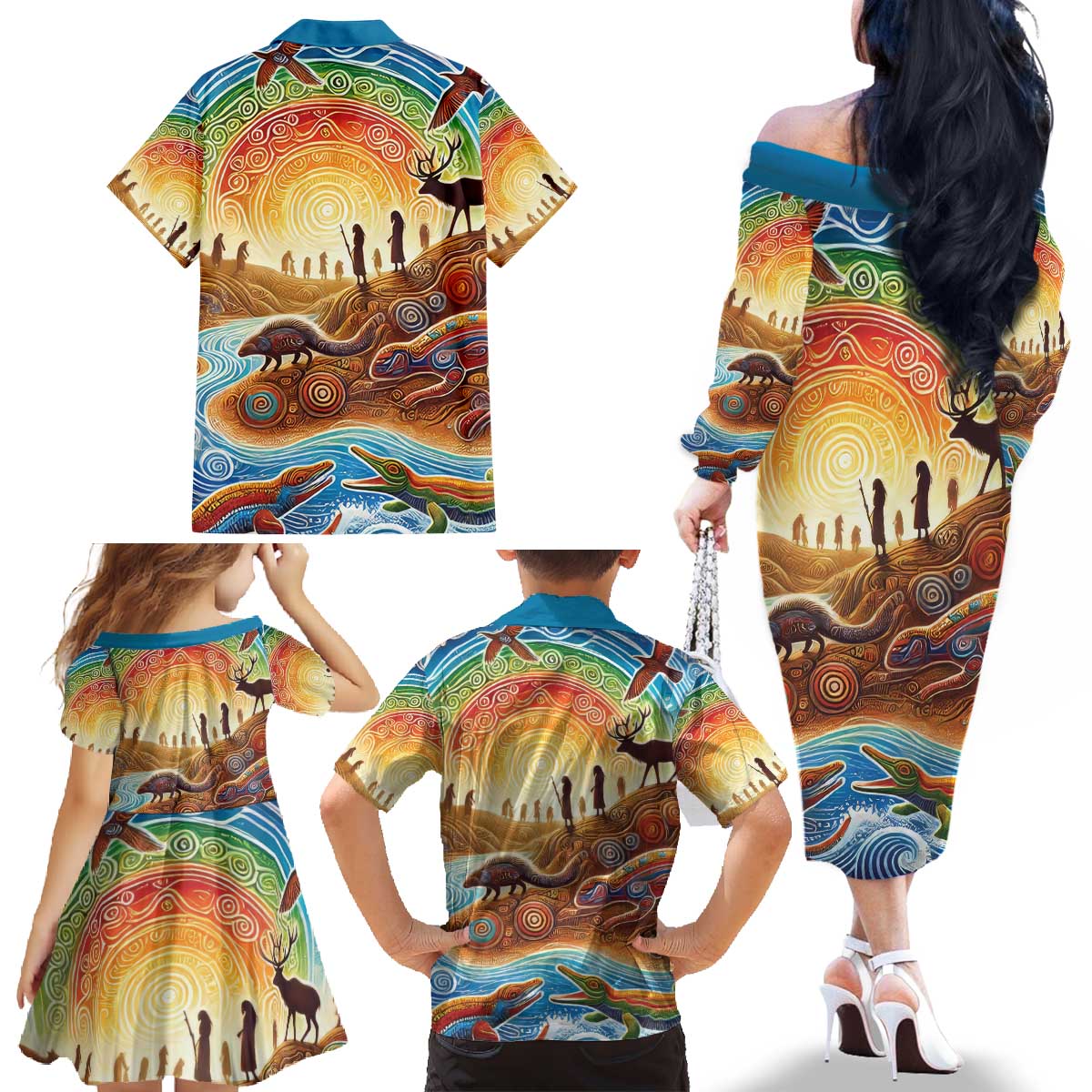 Aboriginal Dreamtime Animals Stories Family Matching Off The Shoulder Long Sleeve Dress and Hawaiian Shirt