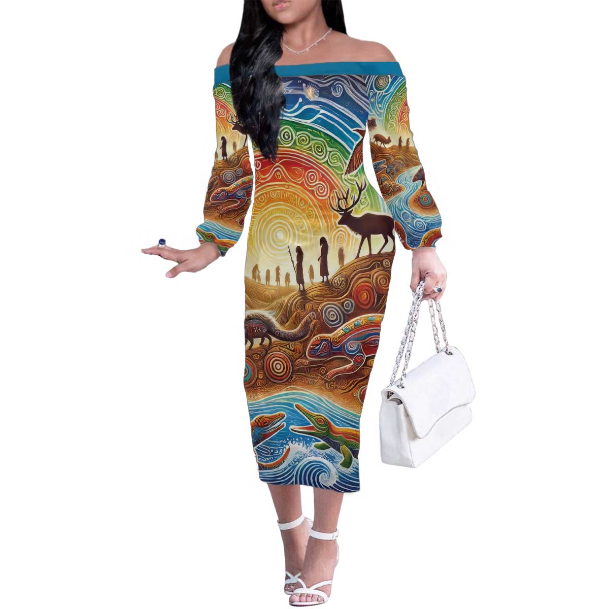 Aboriginal Dreamtime Animals Stories Family Matching Off The Shoulder Long Sleeve Dress and Hawaiian Shirt