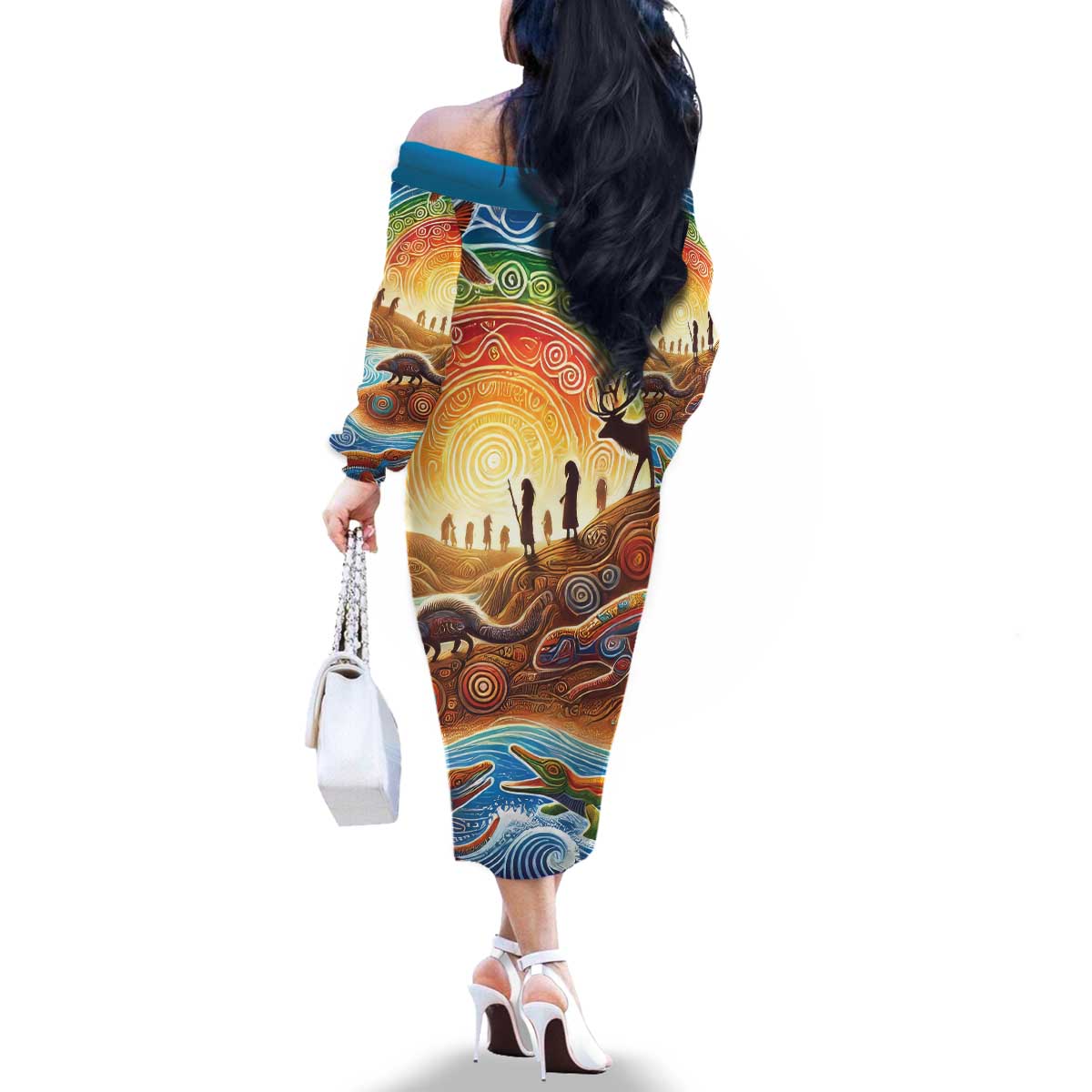 Aboriginal Dreamtime Animals Stories Family Matching Off The Shoulder Long Sleeve Dress and Hawaiian Shirt