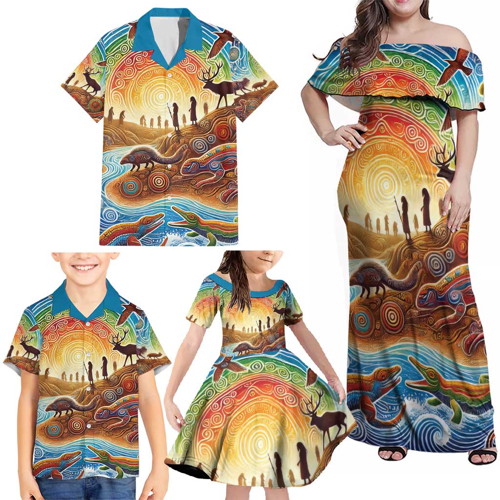 Aboriginal Dreamtime Animals Stories Family Matching Off Shoulder Maxi Dress and Hawaiian Shirt