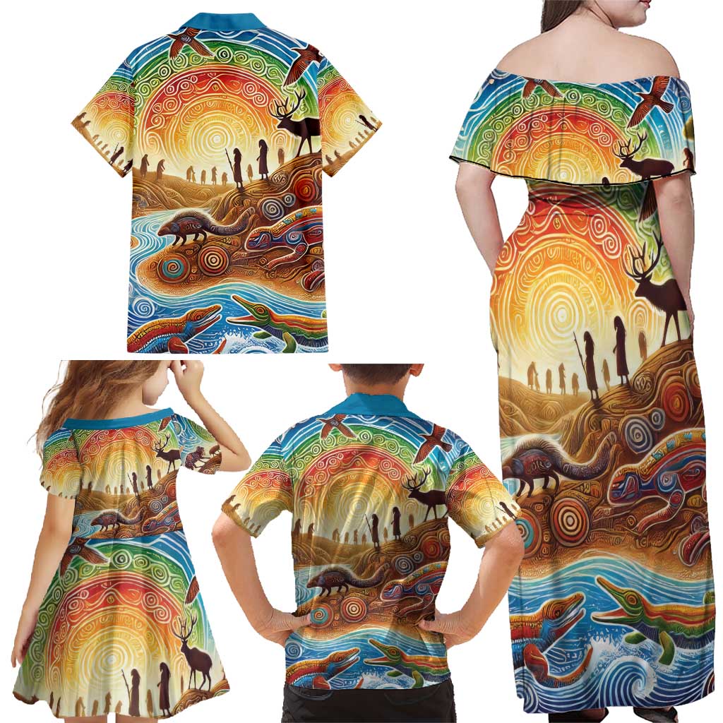 Aboriginal Dreamtime Animals Stories Family Matching Off Shoulder Maxi Dress and Hawaiian Shirt