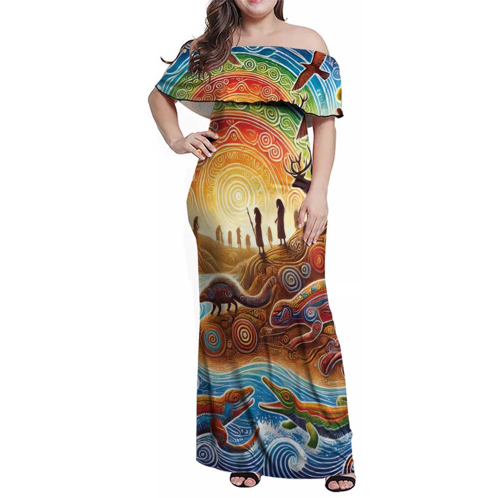 Aboriginal Dreamtime Animals Stories Family Matching Off Shoulder Maxi Dress and Hawaiian Shirt