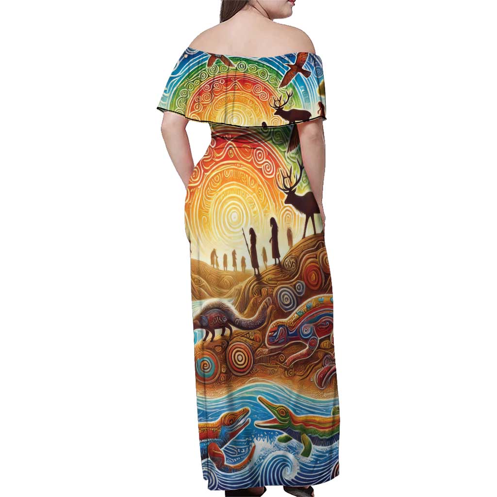 Aboriginal Dreamtime Animals Stories Family Matching Off Shoulder Maxi Dress and Hawaiian Shirt