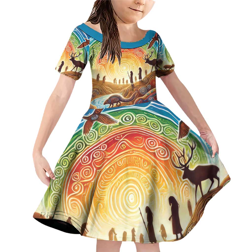 Aboriginal Dreamtime Animals Stories Family Matching Off Shoulder Short Dress and Hawaiian Shirt