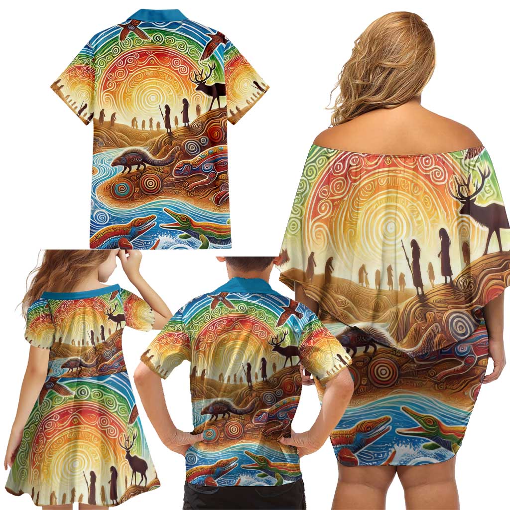 Aboriginal Dreamtime Animals Stories Family Matching Off Shoulder Short Dress and Hawaiian Shirt